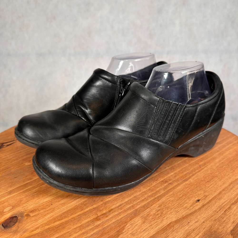 Clarks Leather Ankle Booties Women Size 10 Black Good Pleated Wedge Zip 26108788